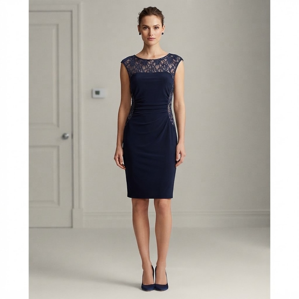 Lauren Ralph Lauren Navy Blue Lace Sequin Ruched Cocktail Dress Size 14 Formal
